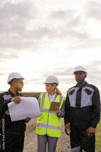 Diverse workers collaborating solar panel insights photo