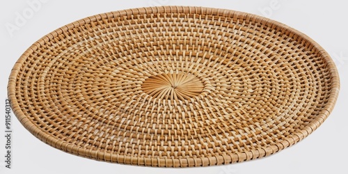 Natural woven rattan placemat with intricate design and rounded edges, isolated on a transparent background, available in PNG format, ready for instant download. photo