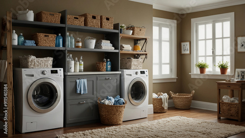 Modern washing machine shelving unit in laundry room interior, messy dirty clothes cleaning day