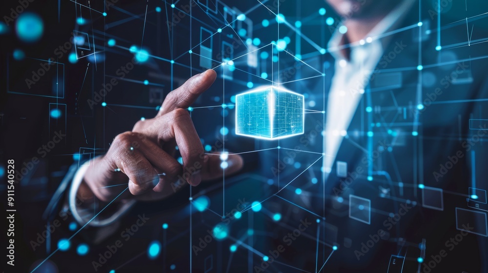 A businessman's hand pressing a virtual cube icon on a touch screen, illustrating digital innovation and technology in business operations. A businessman's hand pressing a virtual cube icon on a touch screen, illustrating digital innovation and technology in business operations.
