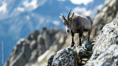 A brown mountain goat stands on a rocky mountainside with a blue sky in the background, showcasing the beauty and ruggedness of nature. 
 photo