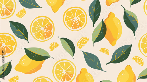 Vibrant yellow lemons and green leaves on a soft white background, a refreshing summery pattern. background , wallpaper 