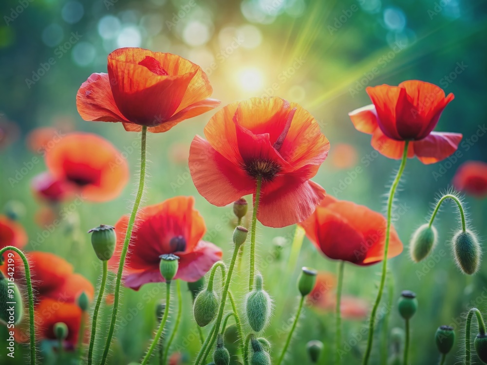 Fototapeta premium Vibrant red poppy flowers bloom against a soft, blurred green background, creating a stunning natural landscape with delicate petals and subtle texture.