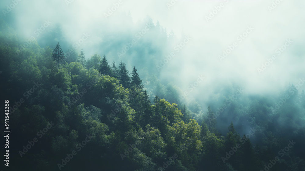 A forest with trees covered in fog A forest with trees covered in fog