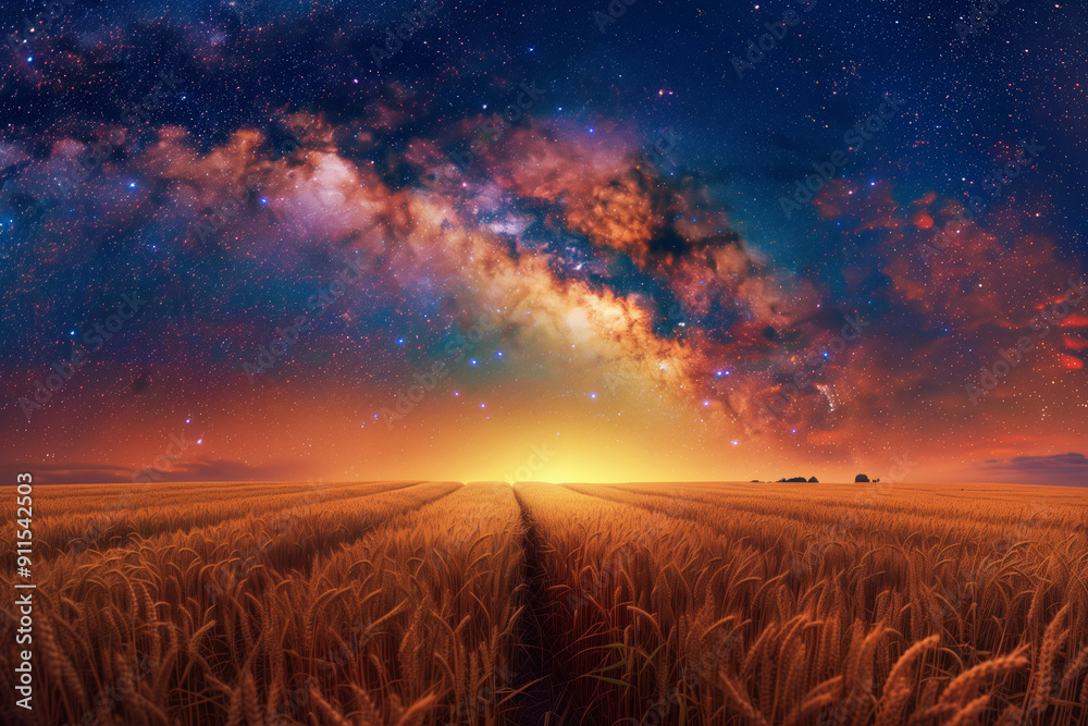Fototapeta premium A view of the Milky Way over an endless wheat field.