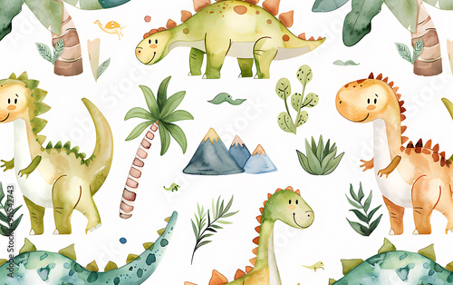 Fototapeta Naklejka Na Ścianę i Meble -  Cute watercolor dinosaurs and tropical plants create a whimsical and joyful pattern for children's products. 
