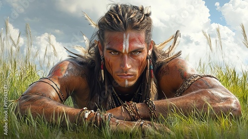 This is a photograph of a man in tribal attire sitting on the grass