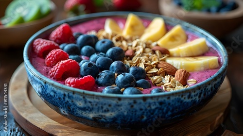 A bowl of fruit with blue and purple berries and bananas