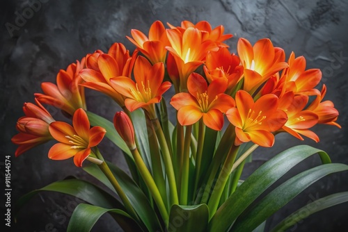Vibrant orange clivia blooms pop against a dark charcoal textured background, surrounded by delicate cyclamen flowers with upswept petals, creating a striking botanical contrast. photo