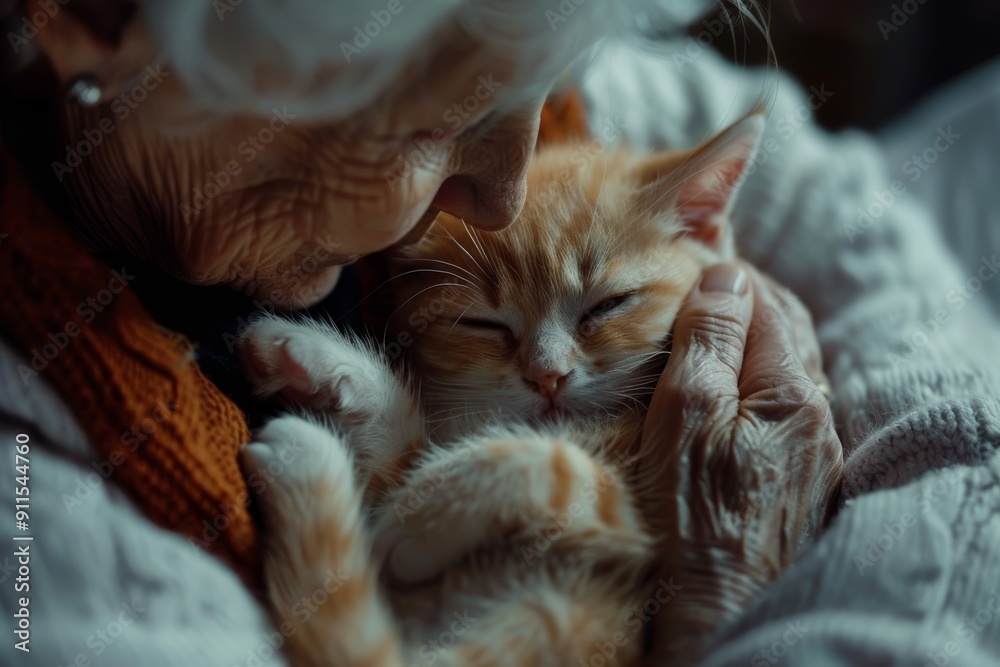 An elderly woman is holding a cat in her arms An elderly woman is holding a cat in her arms
