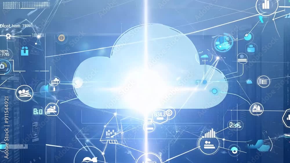 Cloud computing platform with connected devices, showcasing data transfer and storage capabilities of cloud technology. tech, cloud computing, cyber, database, computing, connection, internet, privacy