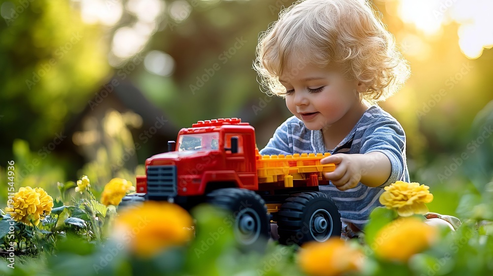 Little boy playing with red truck in garden Little boy playing with red truck in garden
