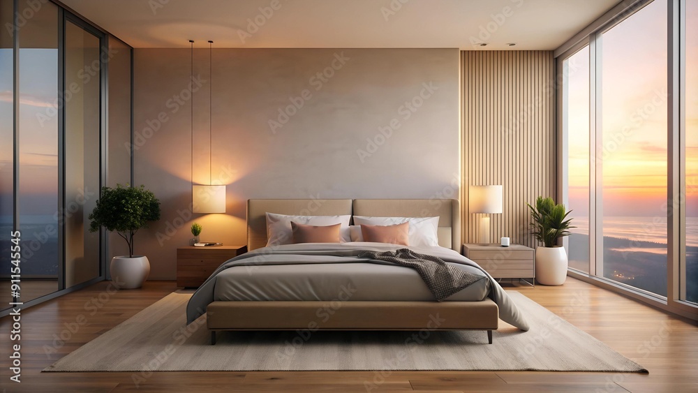Serene Sunset Hues Minimalist Bedroom AI generated Serene Sunset Hues Minimalist Bedroom AI generated