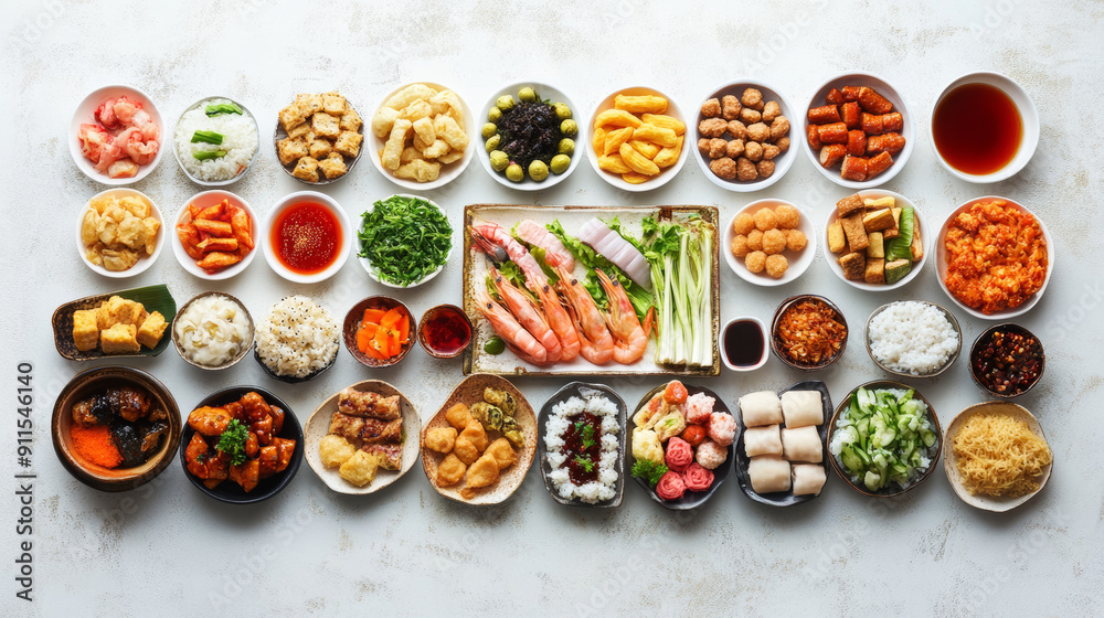 Variety of Asian delicacies and snacks arranged on a white canvas. A ...