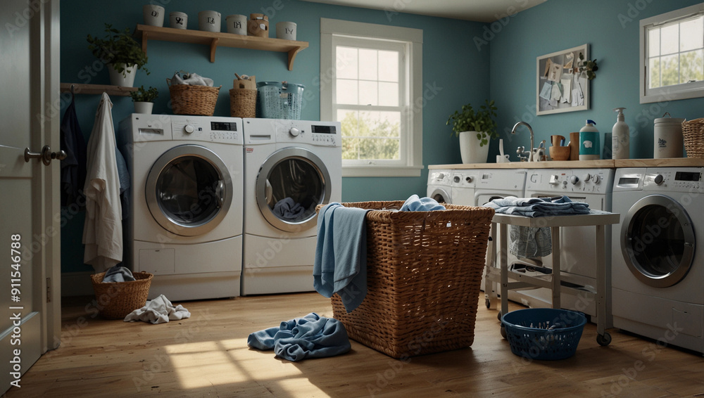 Modern washing machine shelving unit in laundry room interior, messy dirty clothes cleaning day Modern washing machine shelving unit in laundry room interior, messy dirty clothes cleaning day