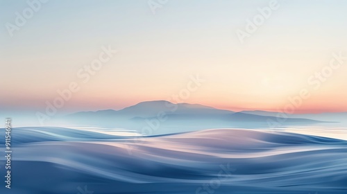 A serene seascape at dawn, featuring gentle waves and a misty mountain backdrop under a pastel sky.