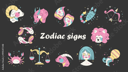 Zodiac signs in pastel colors. Vector flat icons for horoscope, predictions, esotericism