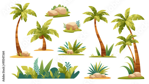 Set of cartoon palm trees on white background. Drawing tropical bushes and trees. Vector isolated illustrations 