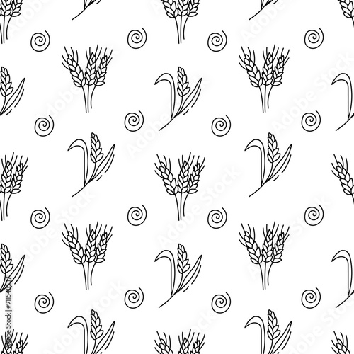 Wheat seamless pattern in doodle style. Vector.