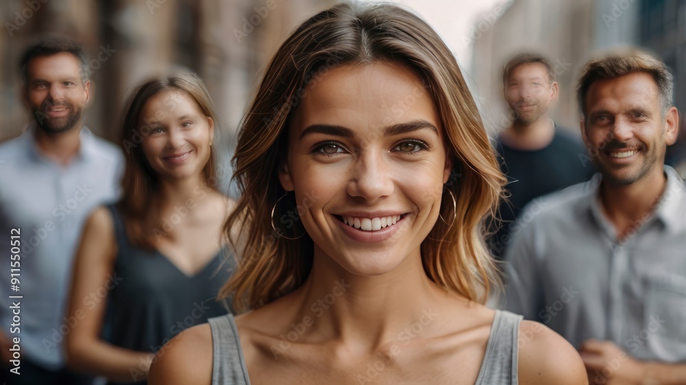 Confident woman looking at camera and smiling while standing in front of blur group of people Confident woman looking at camera and smiling while standing in front of blur group of people