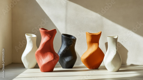 Show an avant-garde, sculptural vase with an unconventional shape and bold colors, displayed in an art gallery or a modern home, highlighting its status as a piece of art.  photo