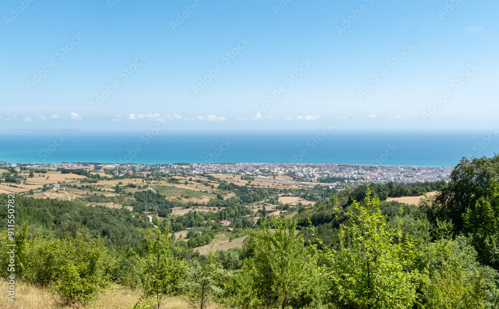 Aerial panoramic shot of Gerze, the charming seaside town of the Black Sea. Turkish beaches. Black Sea beaches, small sea towns. aerial photography. Sinop Gerze photos, Gerze, Sinop, Turkey