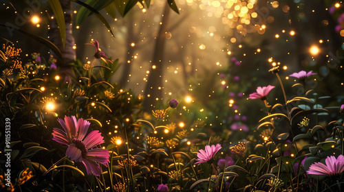 Abstract image of a mystical garden with radiant flowers and floating light particles, capturing the detailed flora and glow