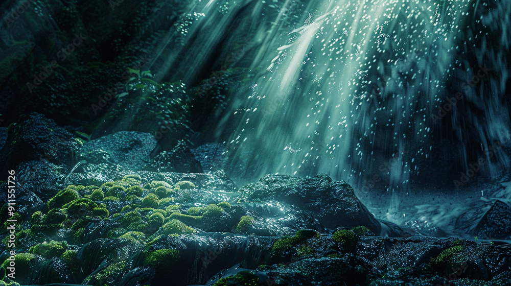 Abstract image of a mystical waterfall with shimmering water and glowing moss, capturing the detailed water flow and luminescence