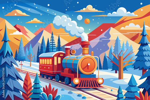 Beautiful retro train in a winter forest