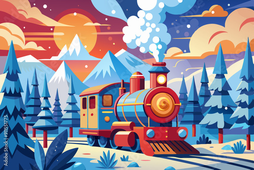 Beautiful retro train in a winter forest