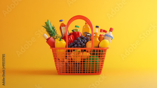 Well-stocked grocery basket filled with various food and drinks on a yellow backdrop. 3D illustration.