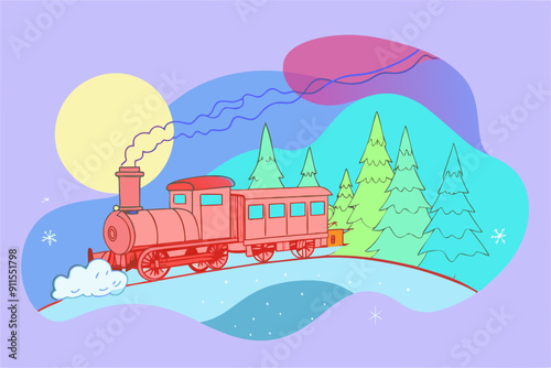 Beautiful retro train in a winter forest