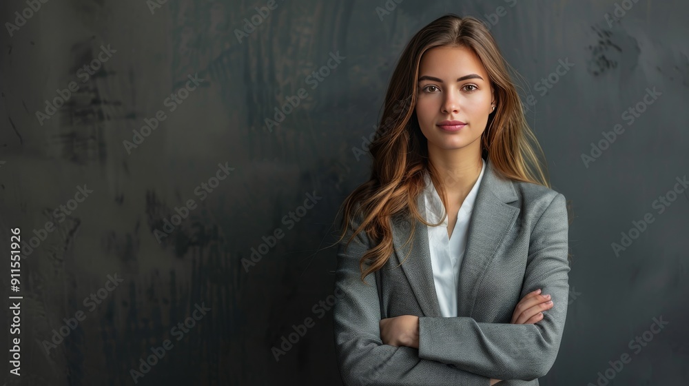 Confident Young Businesswoman in Gray Suit Standing Confident Young Businesswoman in Gray Suit Standing
