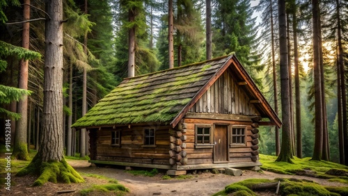 A Rustic Retreat: A Wooden Cabin Nestled Amidst the Ancient Pines Generative AI