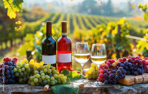 A table with grapes and wine glasses on it, surrounded by vineyards in the background The focus is placed on two bottles of red and white wine and glass cups Generative AI photo