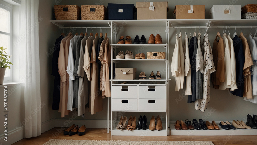 Modern wardrobe with stylish clothes shoes accessories, spring cleaning closet arrangement Modern wardrobe with stylish clothes shoes accessories, spring cleaning closet arrangement