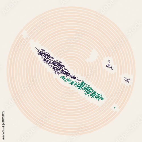 New Caledonia Round Poster. Typography style image of Country. Regions word clouds of New Caledonia. Vintage image design with scratch texture.