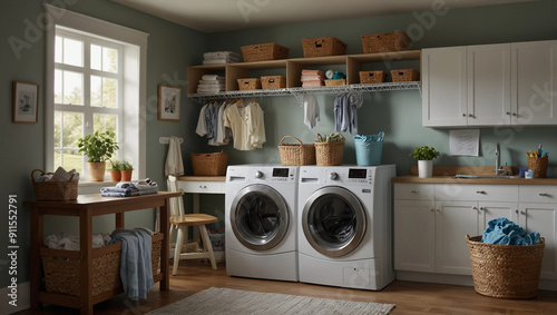 Modern washing machine shelving unit in laundry room interior, messy dirty clothes cleaning day