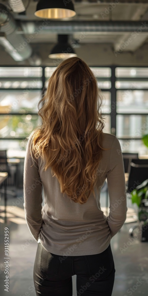 Fototapeta premium Professional woman from behind in a modern office setting.