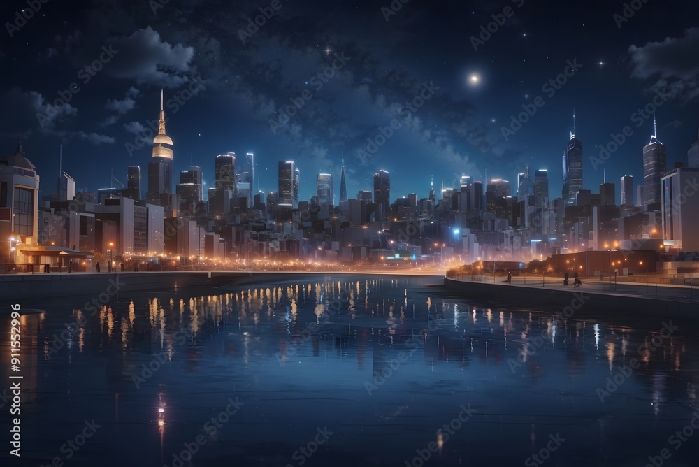 Obraz premium 3d illustration of night city with a bright lights and stars on sky.