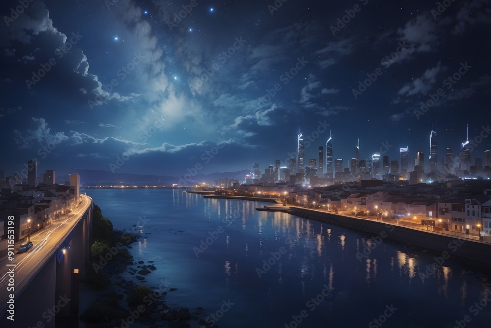 3d illustration of night city with a bright lights and stars on sky. 3d illustration of night city with a bright lights and stars on sky.