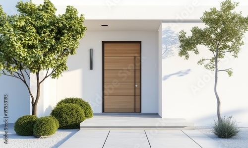 Un ingresso moderno in legno chiaro con illuminazione calda e piante decorative, che crea un'atmosfera accogliente e raffinata.