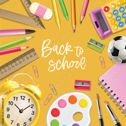 Realistic supplies isolated set, back to school background. Vector. Colorful school supplies, vector illustration. Stationery	