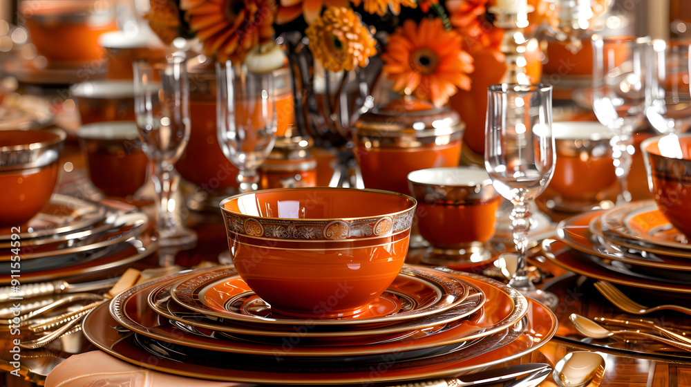 Autumn-themed table setting with orange and brown accents Autumn-themed table setting with orange and brown accents