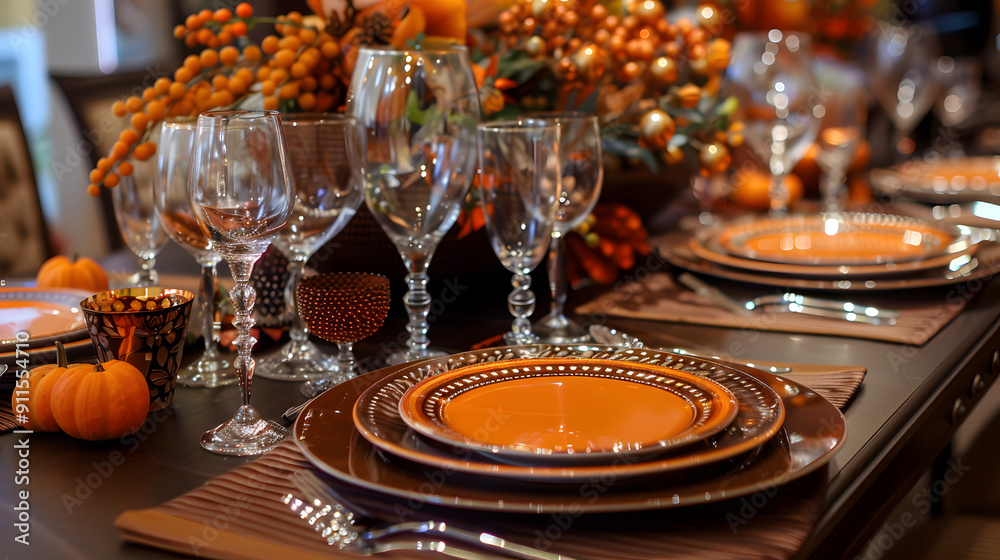 Naklejka premium Autumn-themed table setting with orange and brown accents 
