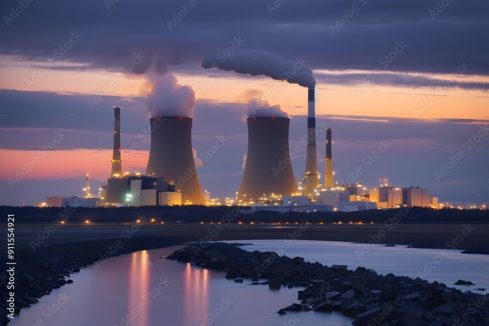 Night view of cooling tower of thermal power plant Night view of cooling tower of thermal power plant