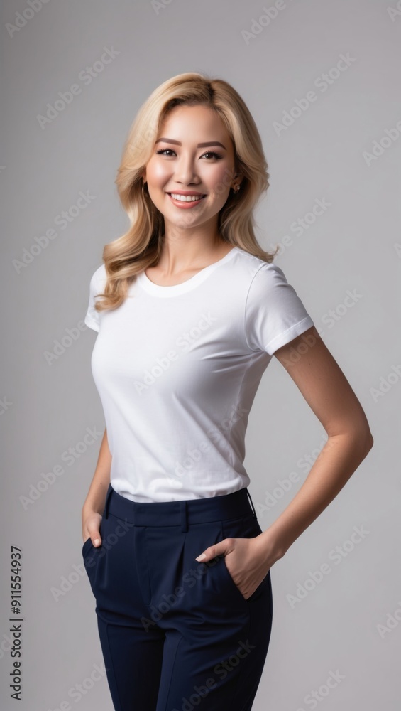A smiling woman poses confidently against a gray background A smiling woman poses confidently against a gray background