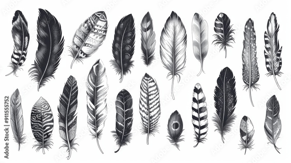 Illustration set of various feathers Illustration set of various feathers