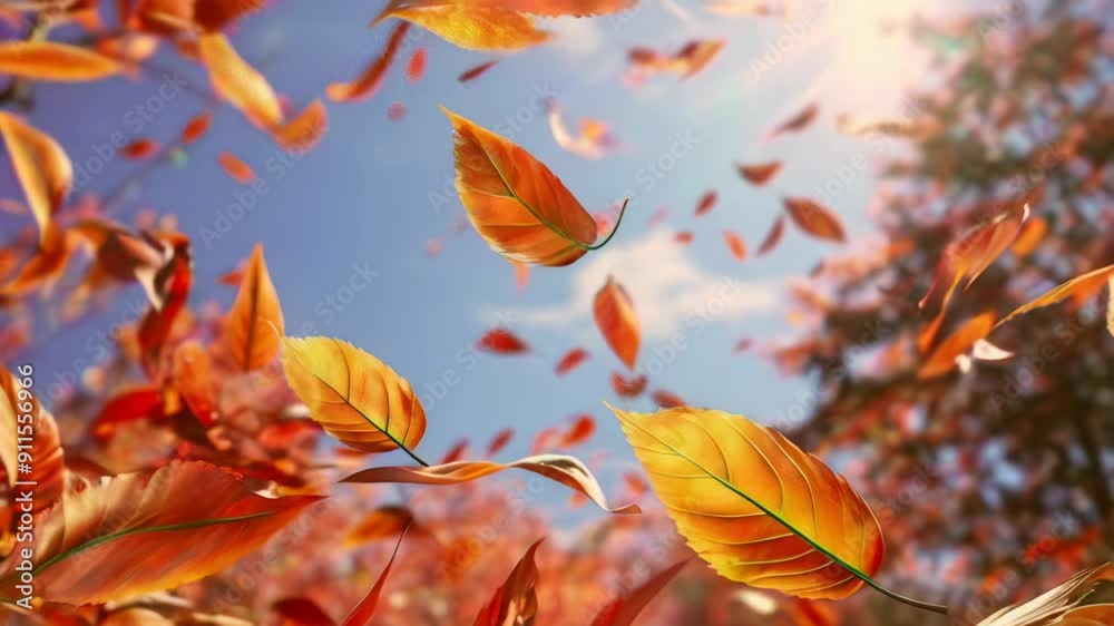 Vivid orange and yellow leaves flutter gently through the air, illuminated by sunlight against a clear autumn sky