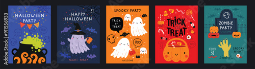 Halloween hand drawn invitation or greeting Cards set. Graphic elements - pumpkins, ghosts, zombie, candy and others. Vector illustration.